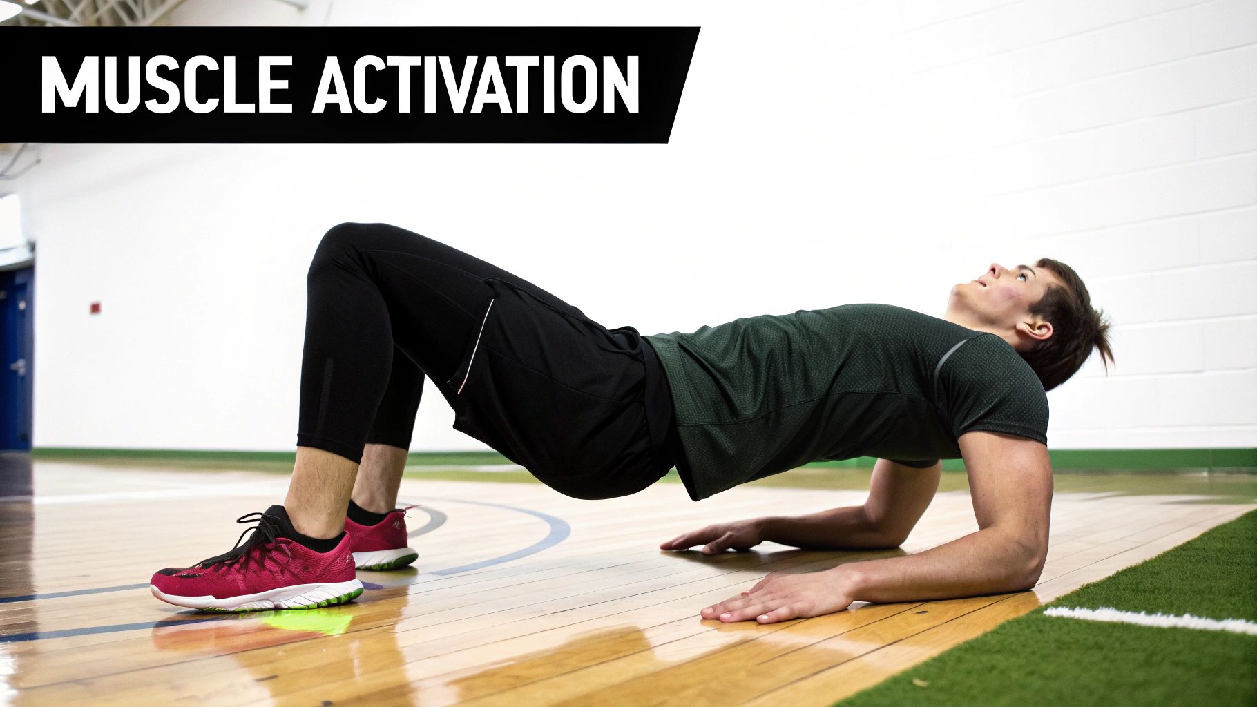A woman performing a bodyweight glute activation drill on a yoga mat.