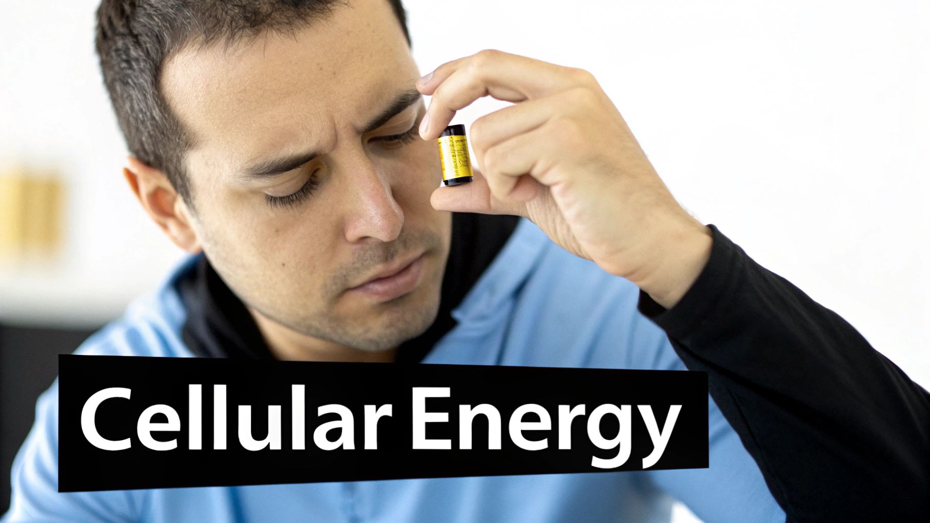 Man experiencing headache while holding supplement bottle demonstrating cellular energy and potential side effects
