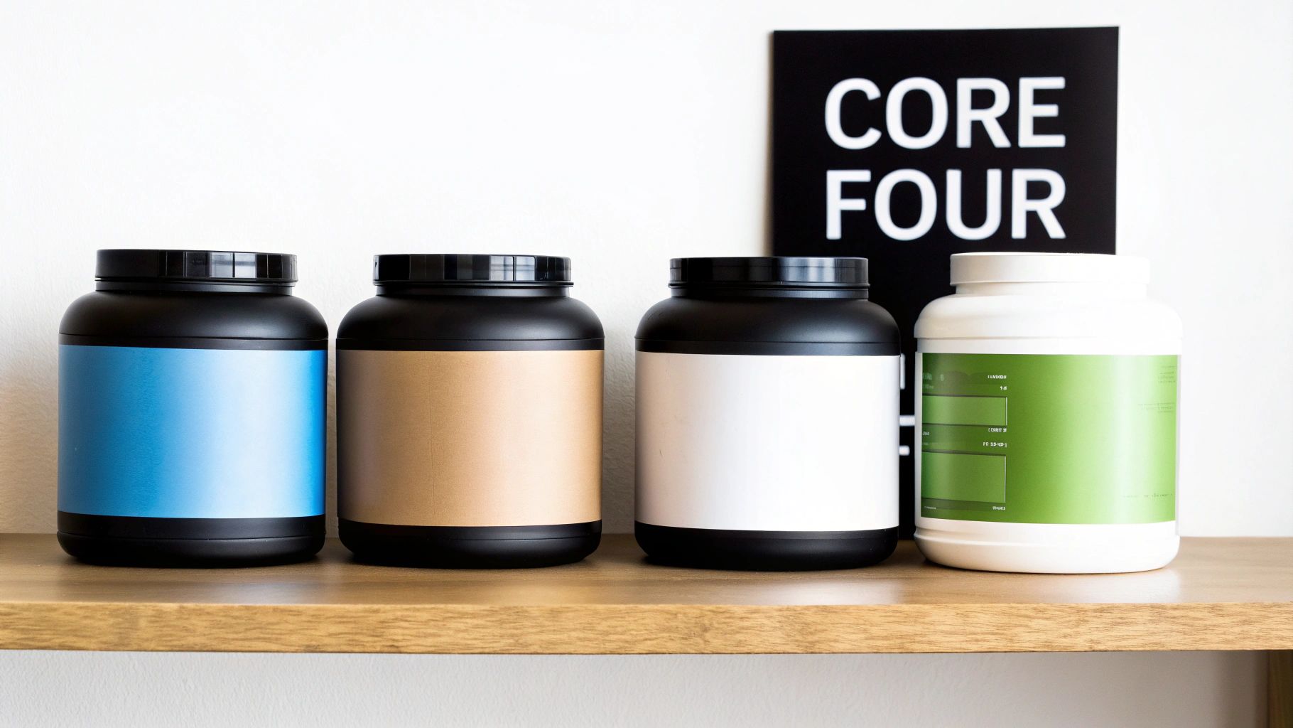 A collection of different supplements like protein powder and creatine on a clean, modern background.