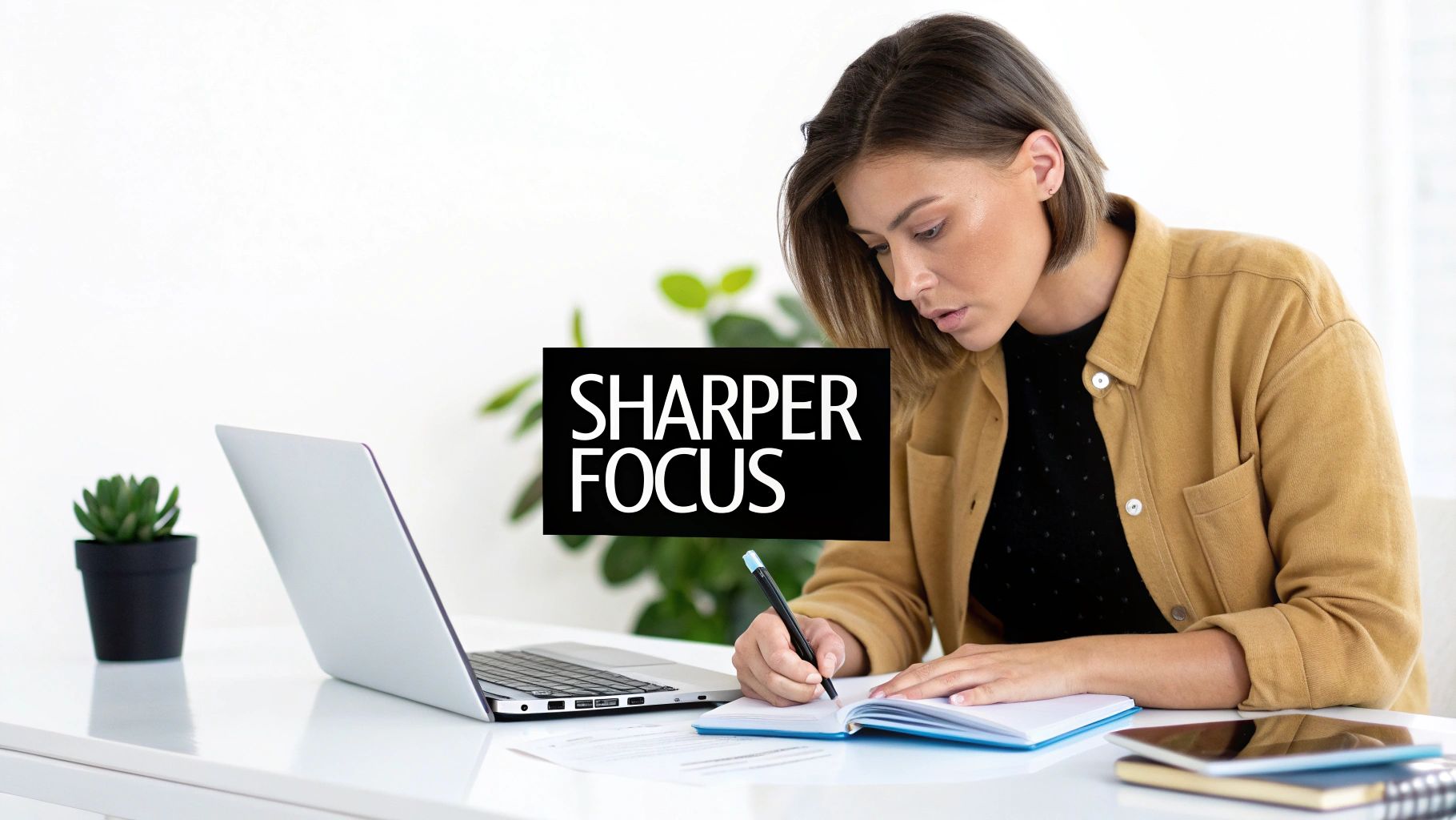 A woman sitting at her desk, looking focused and clear-headed.