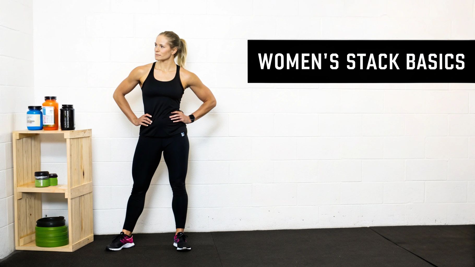 A woman in athletic wear is holding a supplement shaker and smiling, with a bright, modern gym in the background.