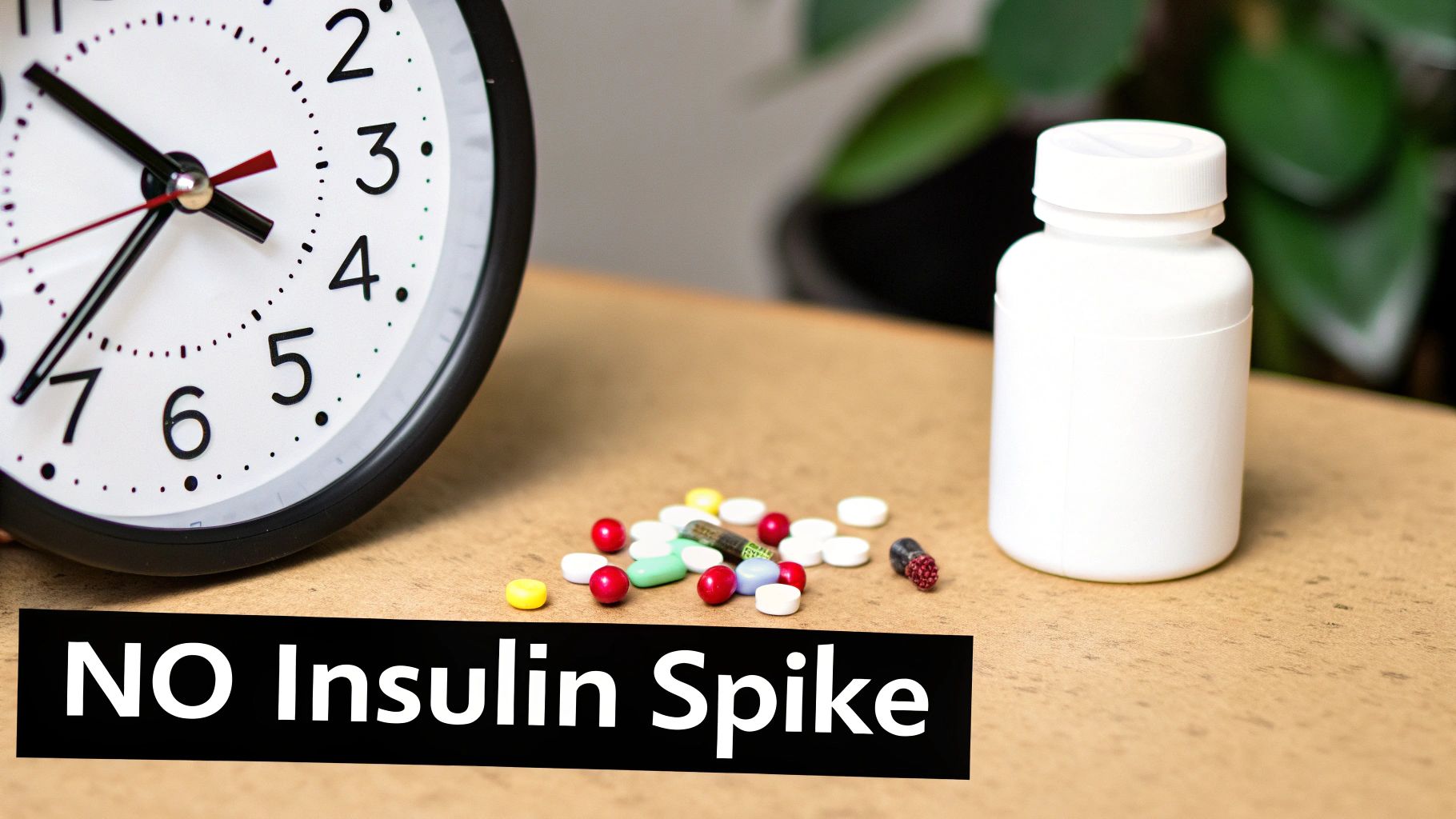 A clock, colorful pills, and a white bottle on a table, with 'NO Insulin Spike' text.