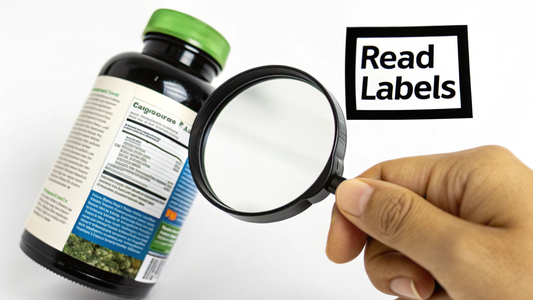 A woman inspecting a supplement bottle label closely in a store aisle.