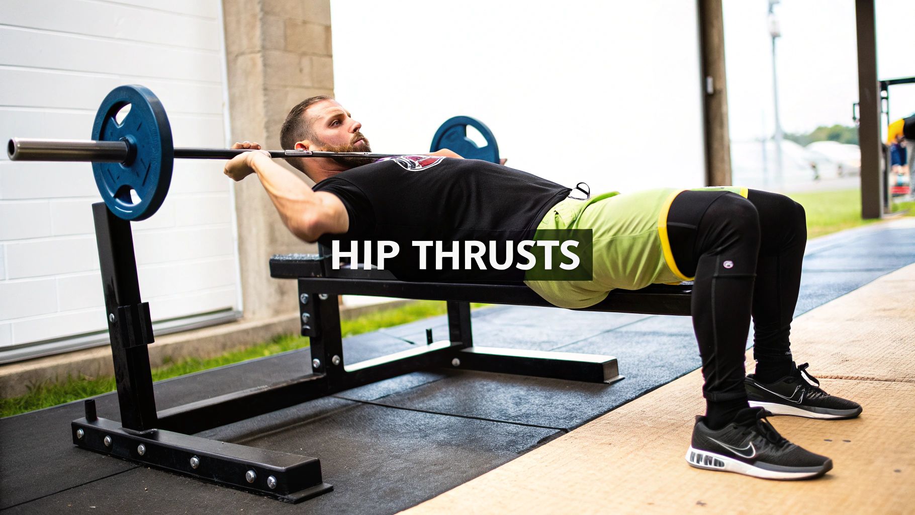 Man performing barbell hip thrusts on bench outdoors for glute activation exercise