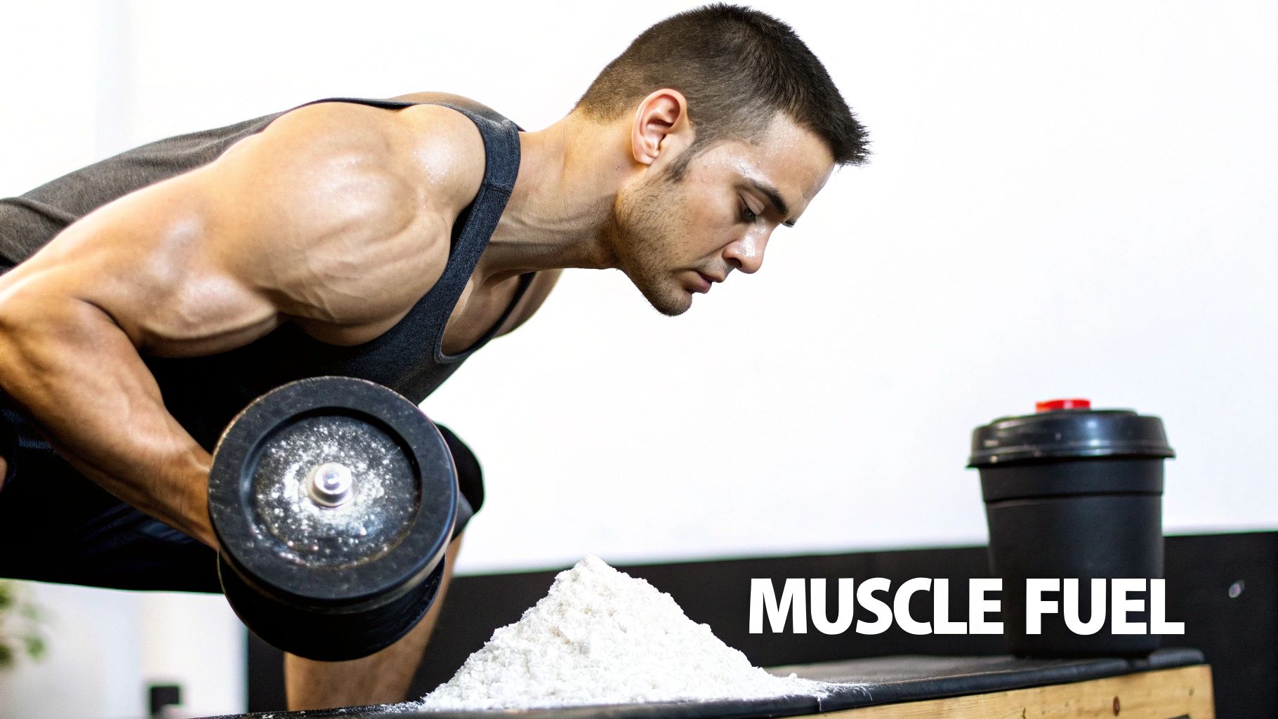 Woman in gym attire mixes a creatine supplement after a workout.
