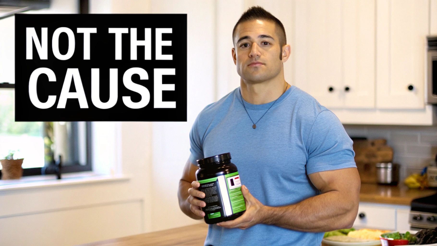 Fitness man holding supplement bottle in kitchen discussing creatine side effects and headaches