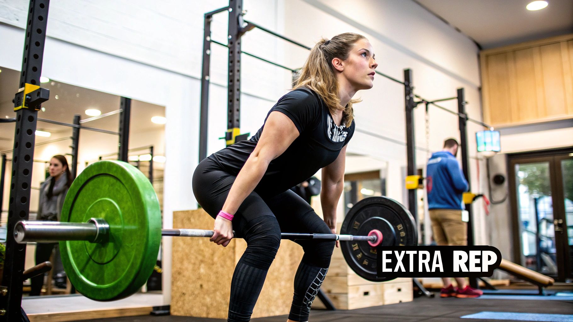 A woman smiling while lifting a barbell in a gym setting.