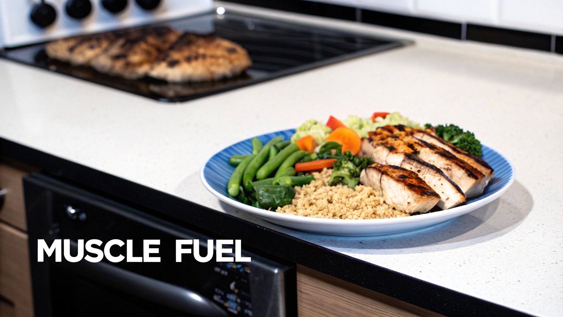A woman preparing a healthy, protein-rich meal in her kitchen with fresh ingredients like chicken, quinoa, and vegetables.