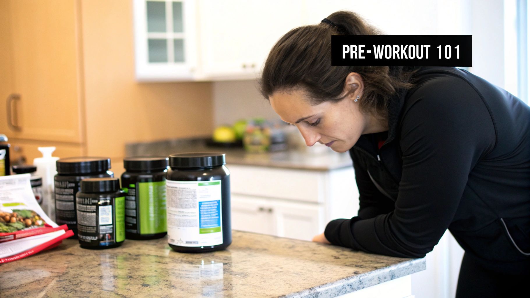 A woman in athletic wear smiling as she mixes a pre workout supplement in a shaker bottle.