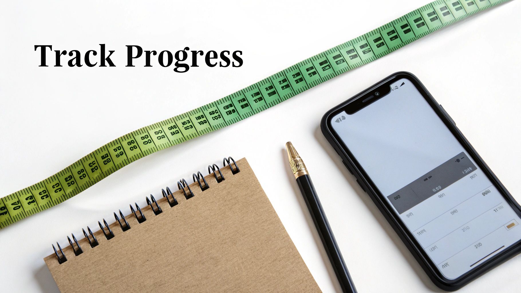 A green measuring tape, notebook, pen, and smartphone on a white surface with 'Track Progress' text.