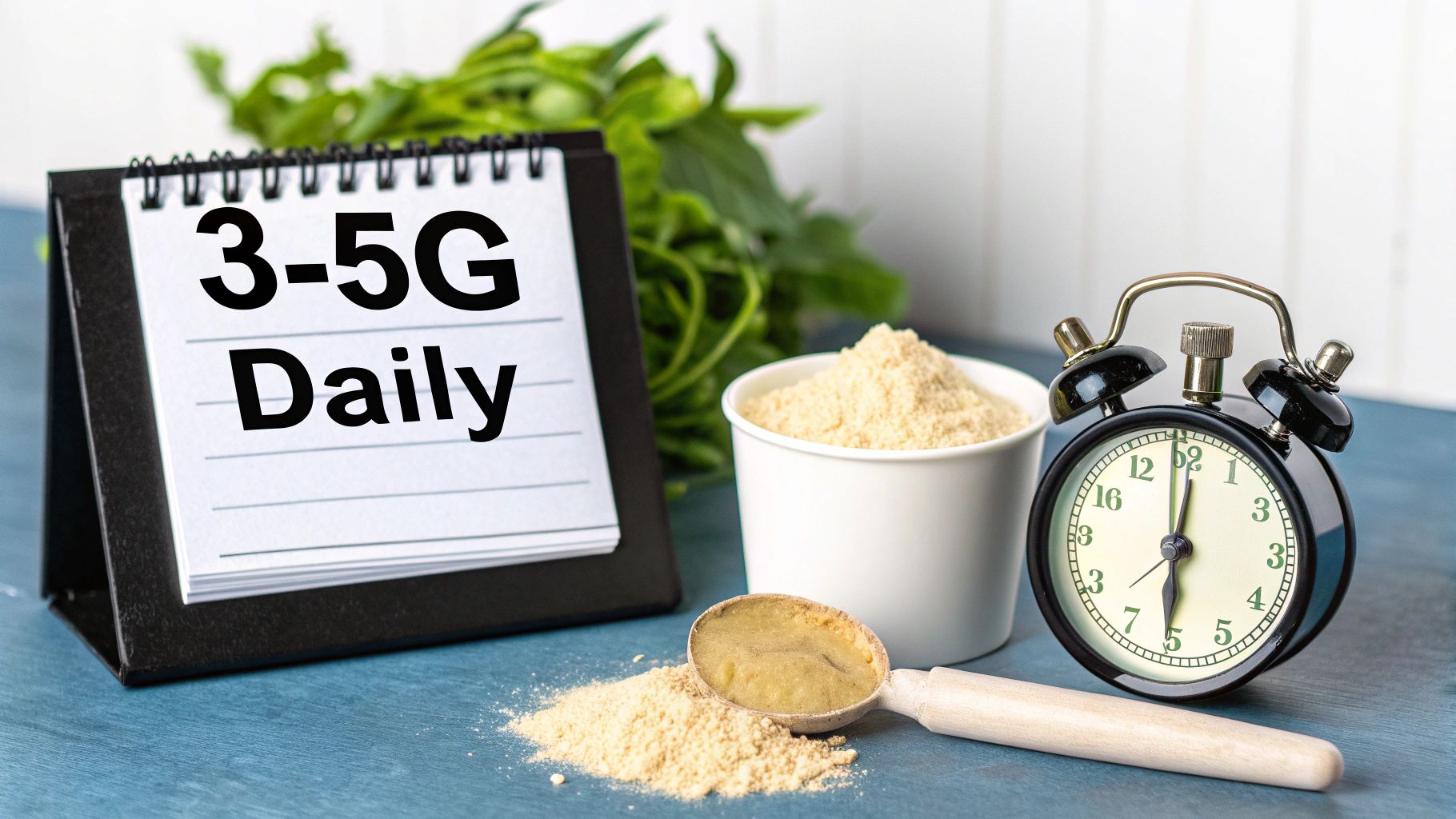 A calendar showing '3-5G Daily' next to creatine powder, a spoon, and an alarm clock.