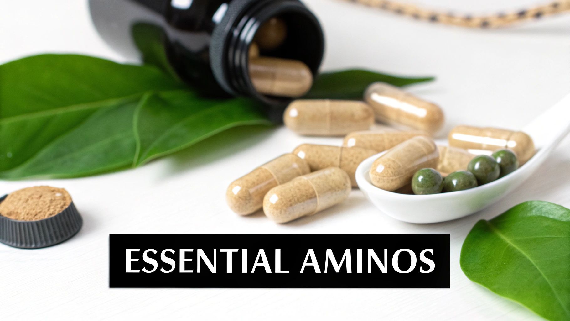 A scoop of amino acid powder is held over a shaker bottle, ready to be mixed for a workout.