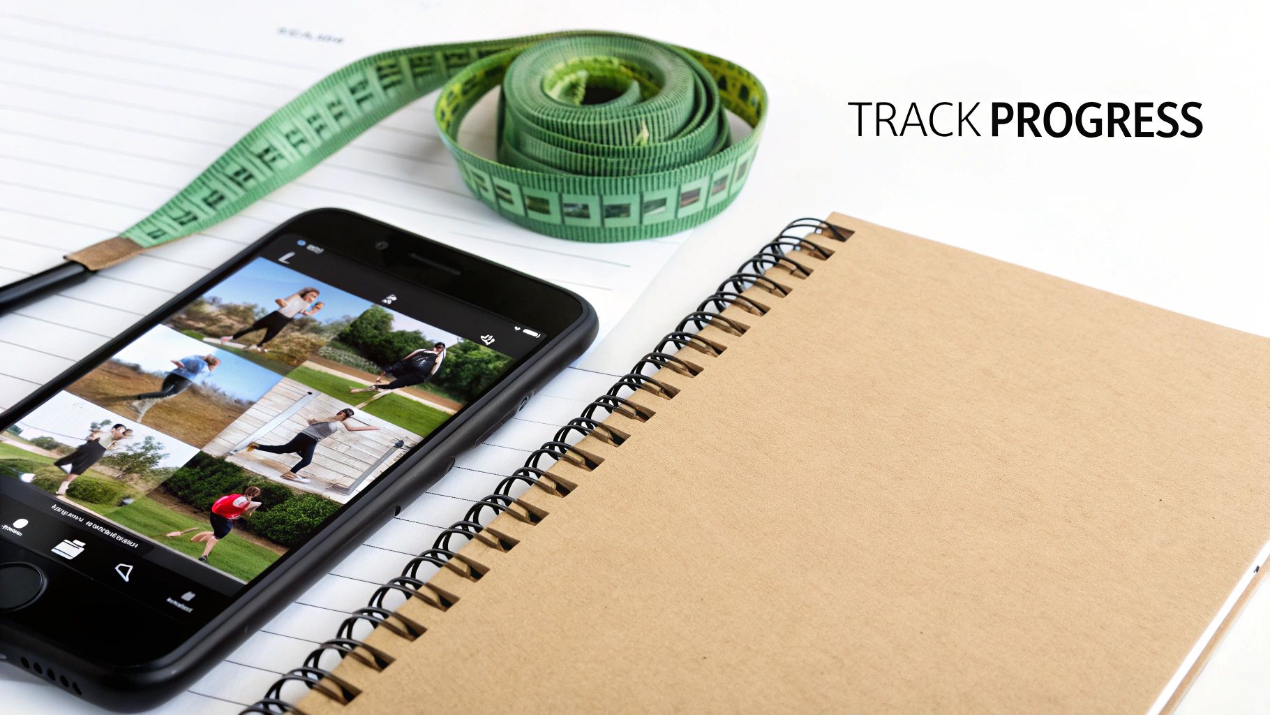 A woman tracking her fitness progress on a smartphone, with a measuring tape nearby, illustrating the importance of tracking in a booty building workout plan.