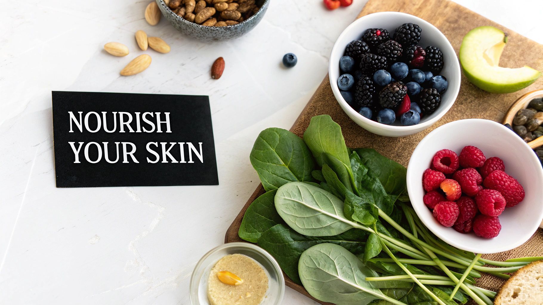 A plate of healthy food including salmon, avocado, and leafy greens, representing nutrition for skin health.