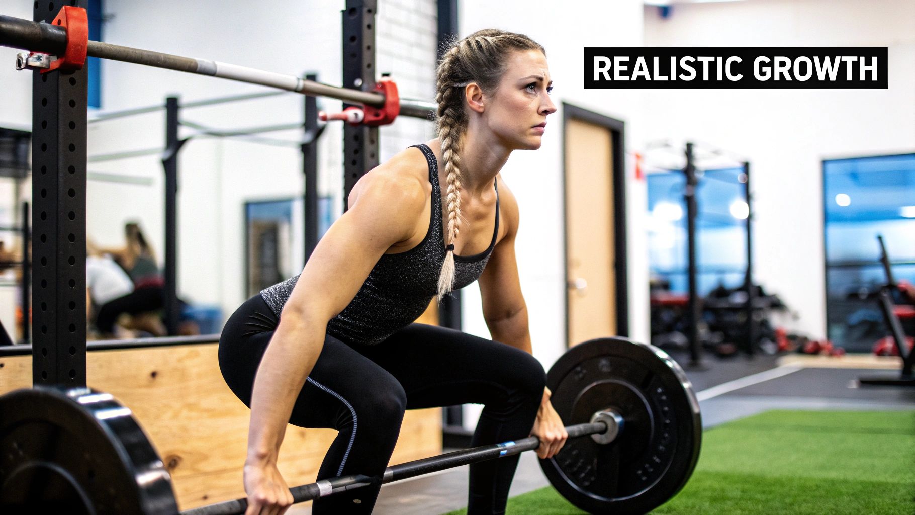 A woman with a determined expression lifts a heavy barbell, showcasing her strength in a gym setting.