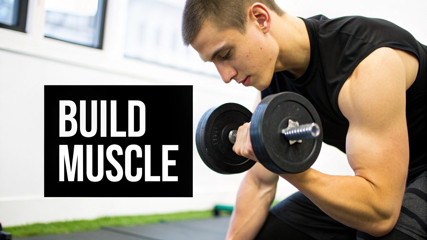 A woman performing a dumbbell bicep curl with proper form in a well-lit gym.