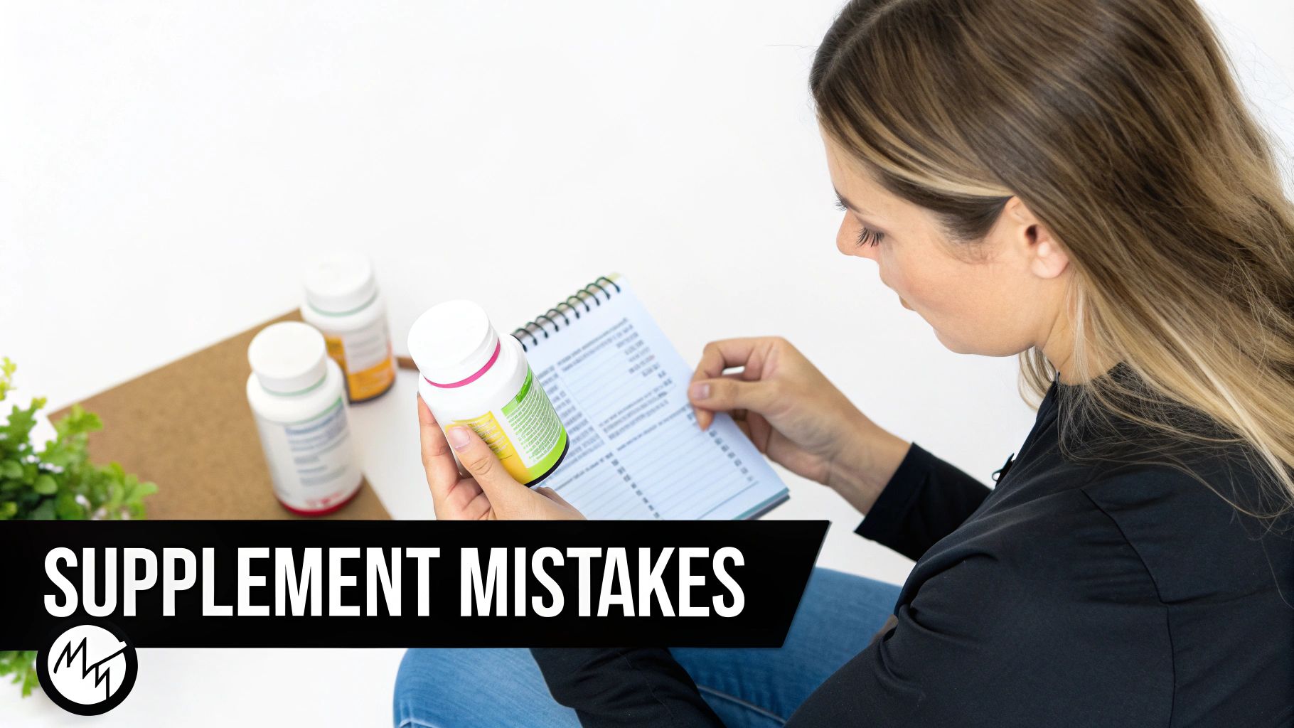 A woman looking thoughtfully at a supplement label in a store, appearing confused or overwhelmed by the choices.
