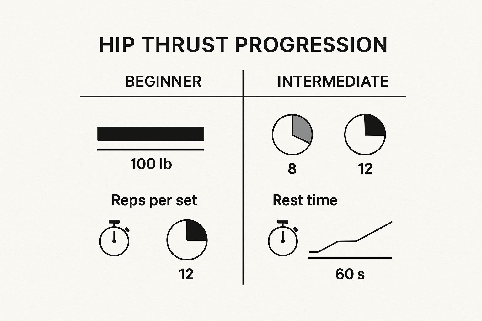 Infographic comparing hip thrust progression for beginners versus intermediates, showing differences in weight, reps, and rest time.