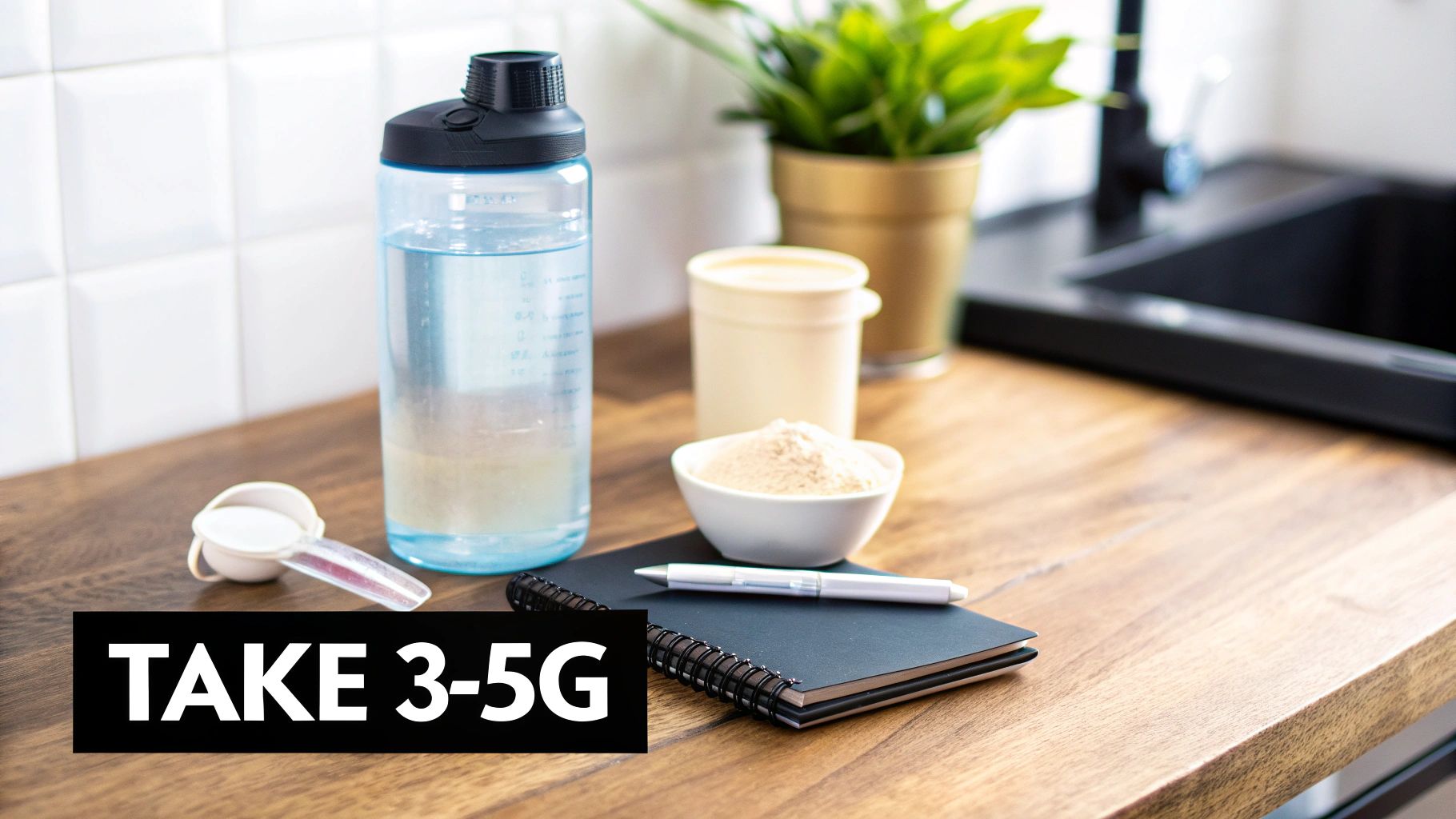 Creatine supplement powder, scoop, and water bottle on a wooden counter, with 'TAKE 3-5G' dosage.