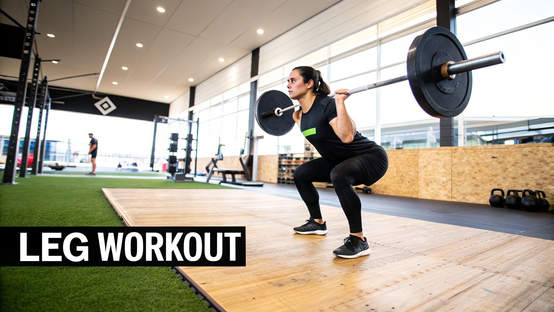 Woman performing a squat with a barbell in a gym