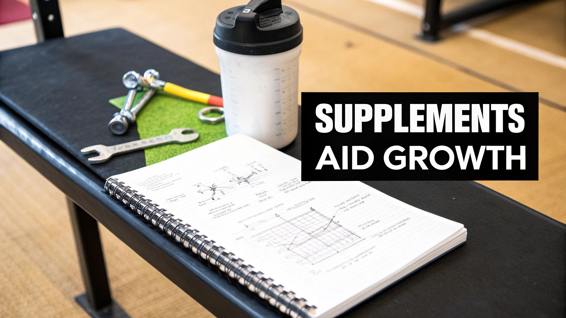 A woman in athletic wear holds a supplement shaker, representing the connection between fitness and nutrition.