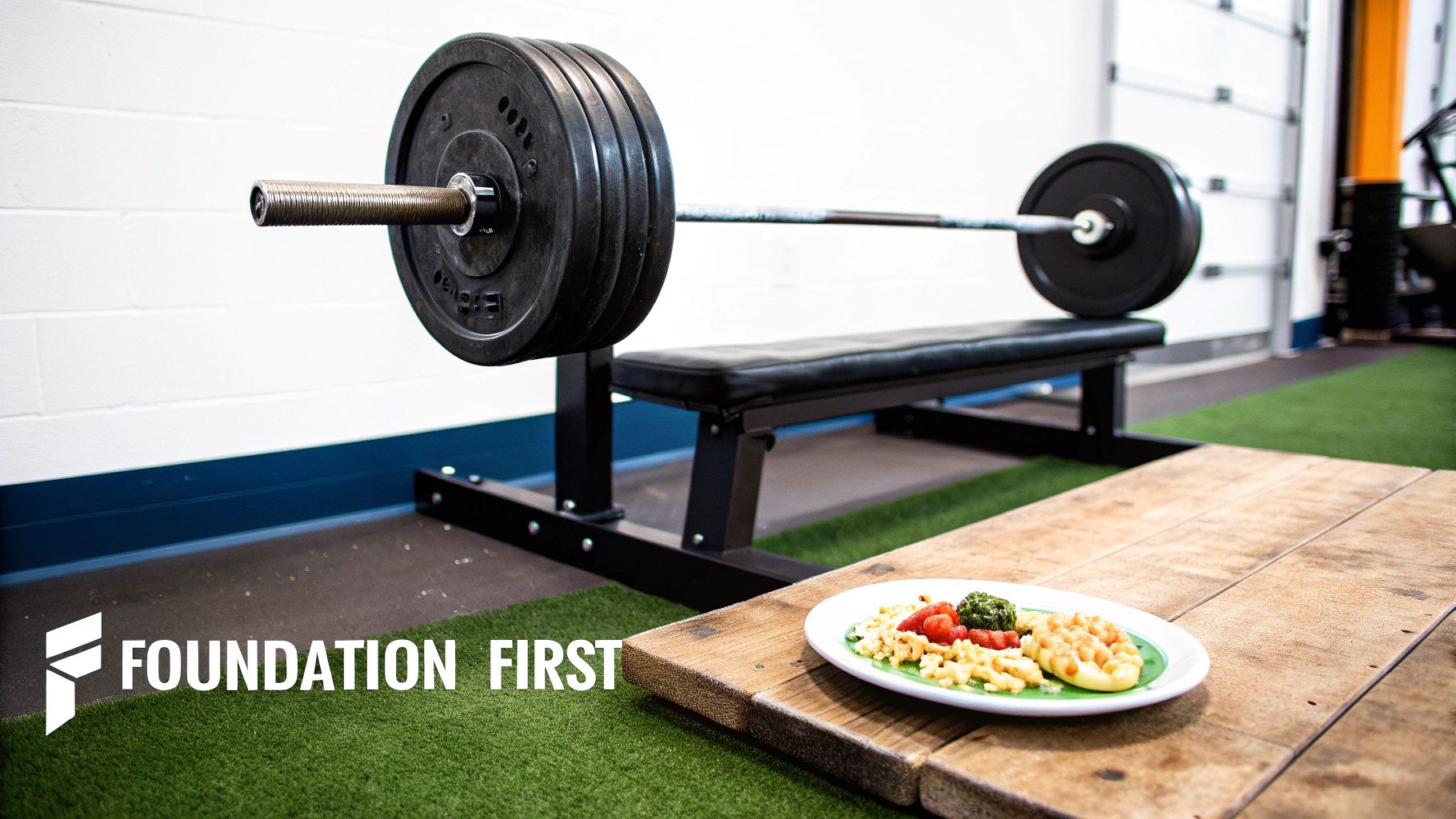 Woman performing a glute exercise with a barbell in a gym setting.