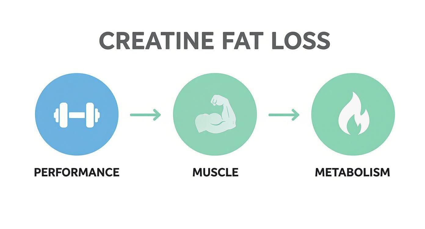 Infographic showing creatine benefits pathway from performance to muscle growth to increased metabolism and fat loss