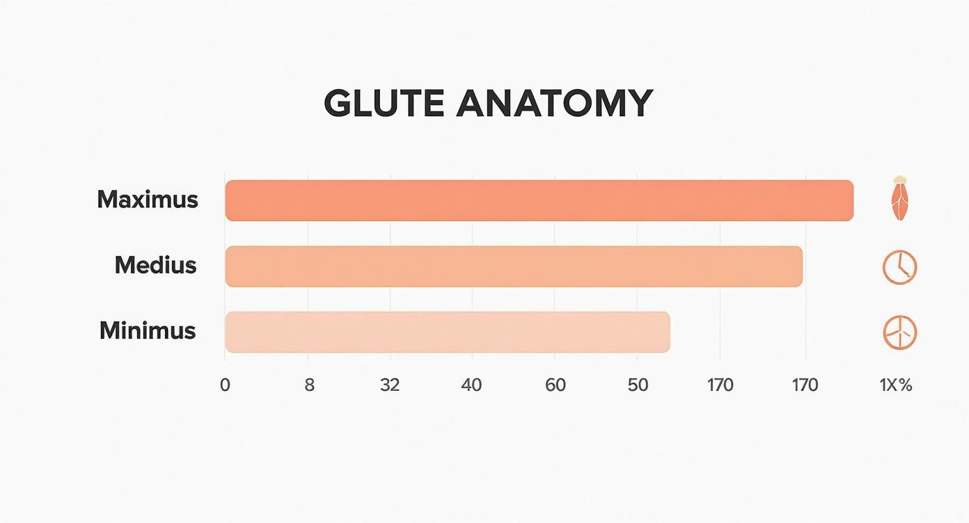 Infographic showcasing the relative size of the gluteus maximus, medius, and minimus muscles.