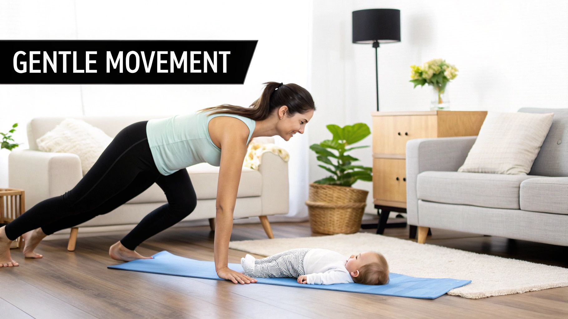A woman doing gentle postpartum exercises at home
