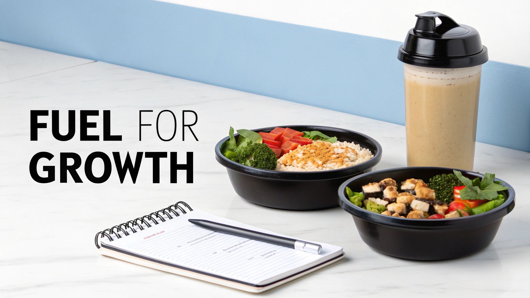 A colorful plate of nutritious food including salmon, avocado, and vegetables, representing a balanced meal for muscle recovery.