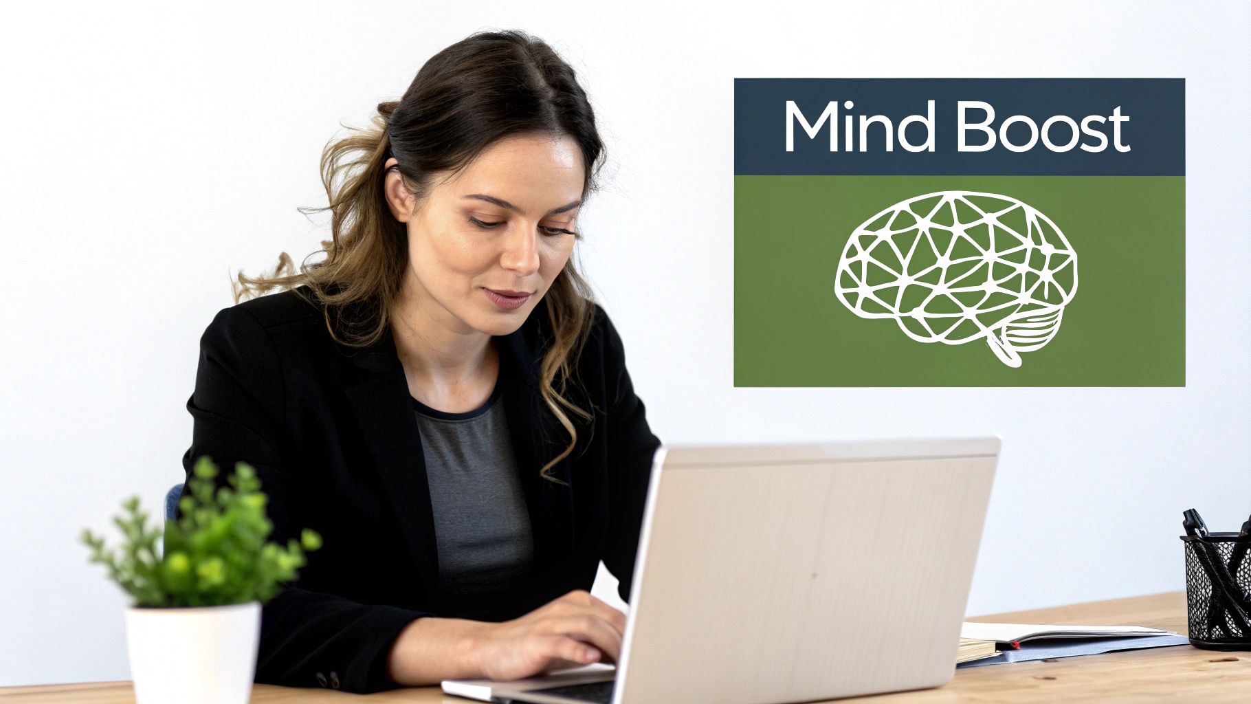 A focused woman meditates in a calm, well-lit space, showcasing mental clarity.