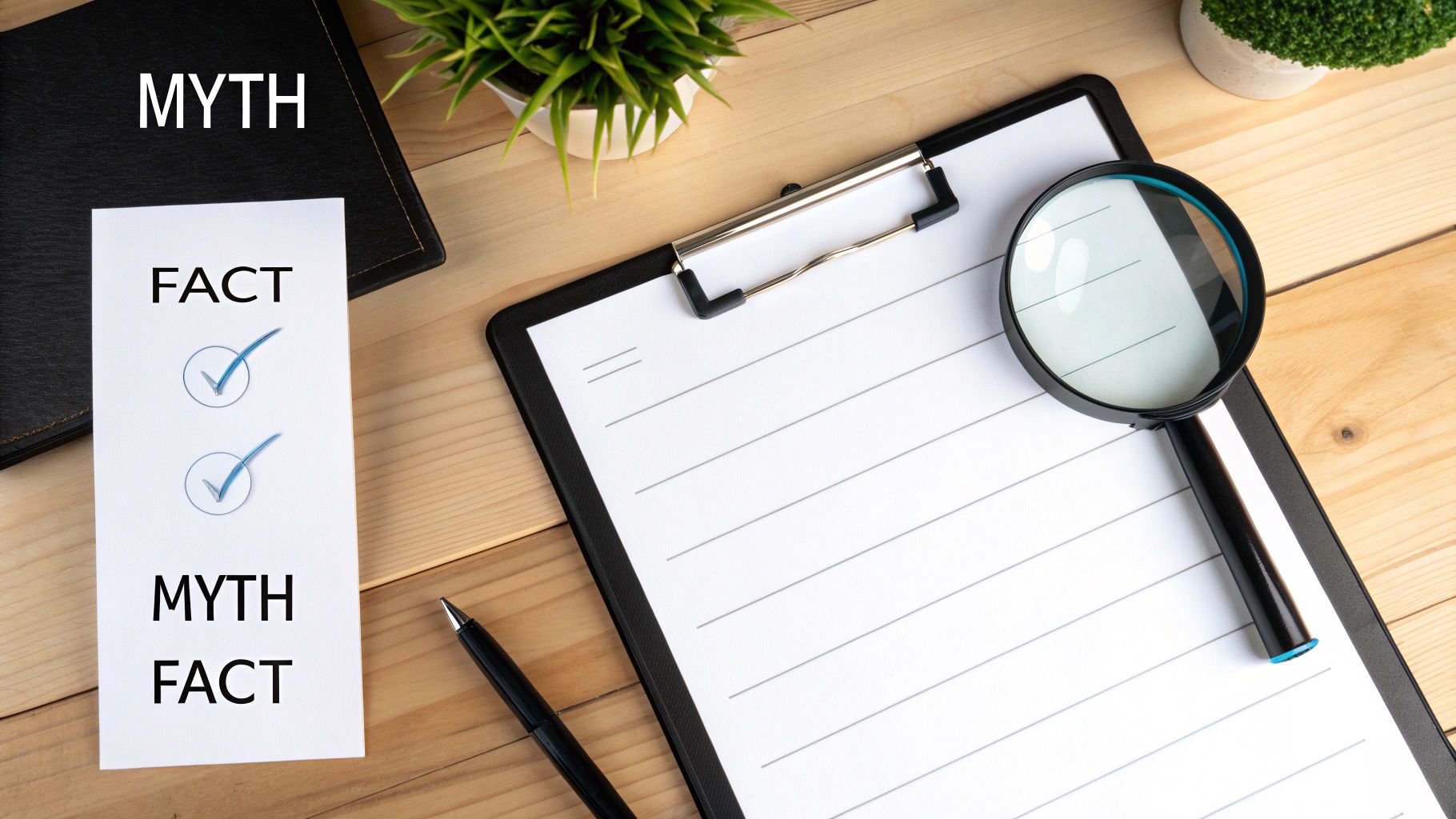 A magnifying glass hovering over a supplement bottle, symbolizing inspection and myth-busting.