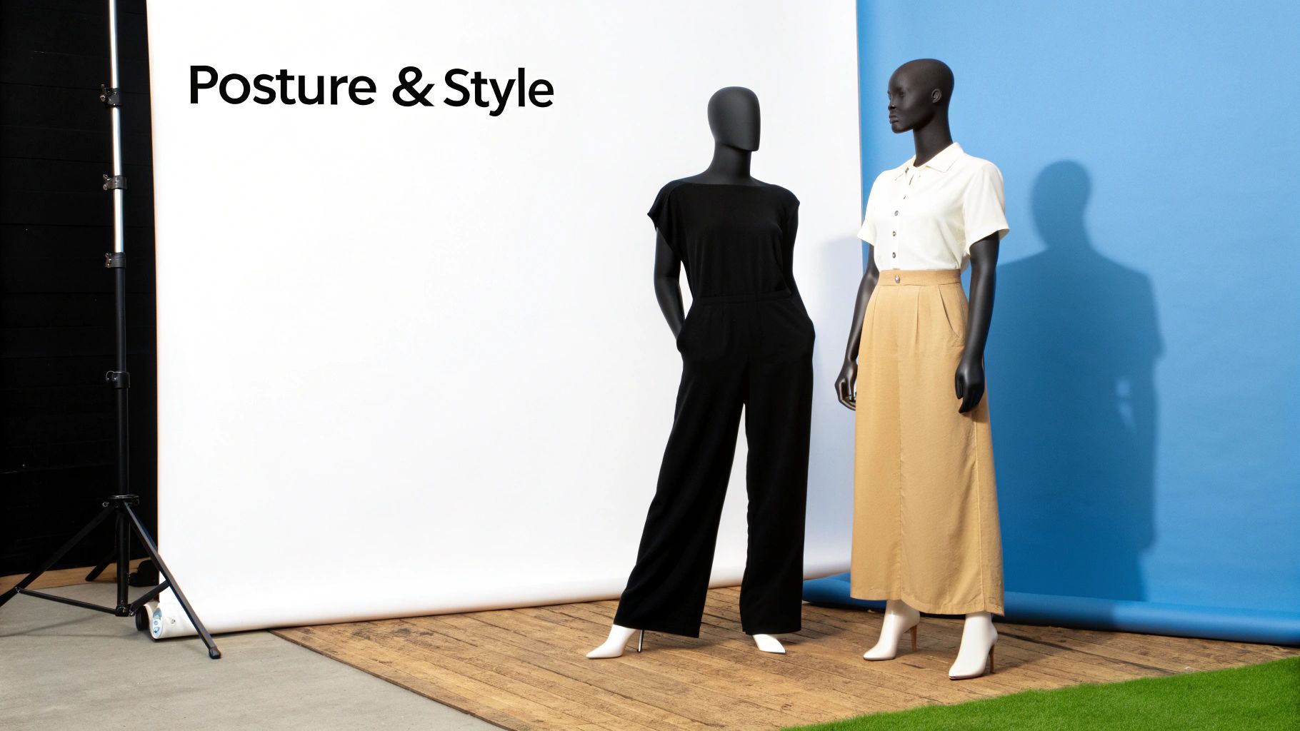 Woman in stylish high-waisted pants checking her posture and smiling confidently.