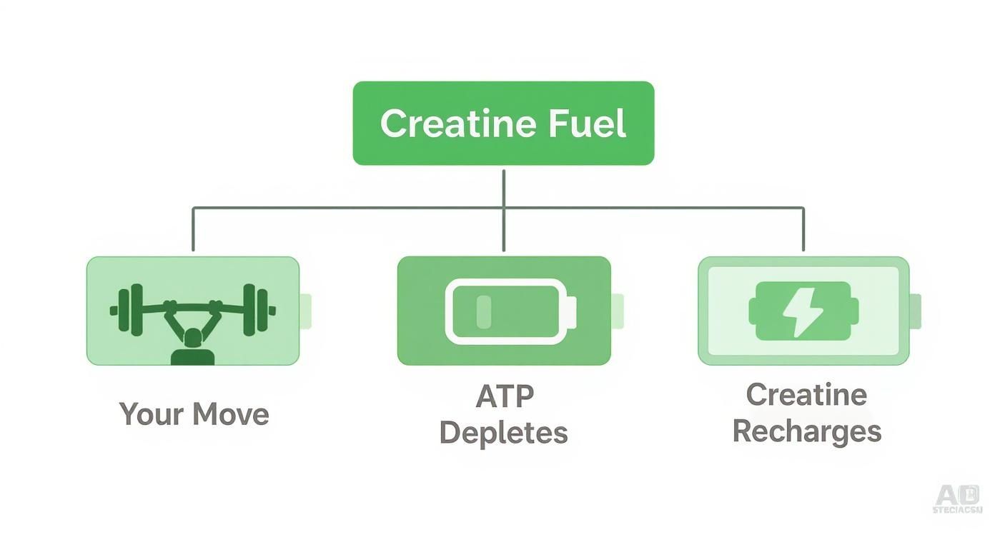 Diagram showing how creatine fuel powers your workout movement, depletes ATP, and recharges creatine stores