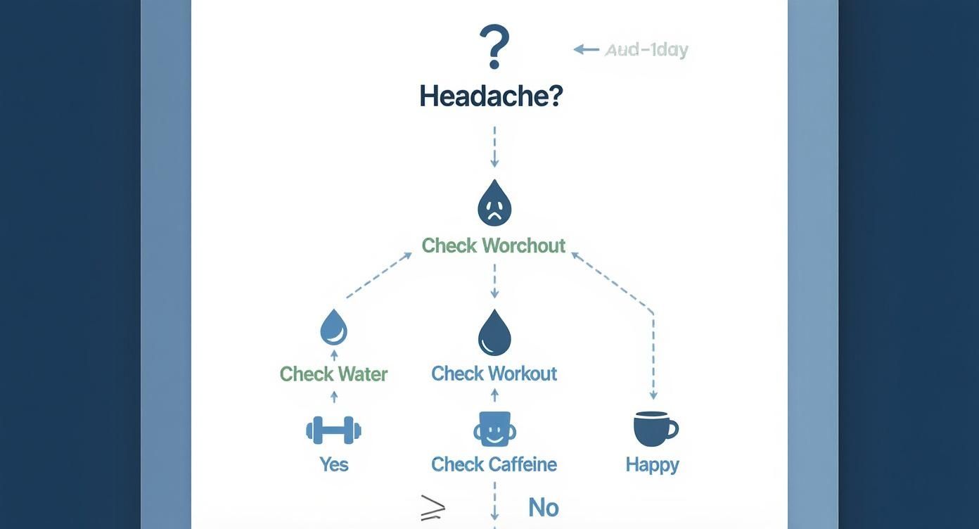 Flowchart showing headache troubleshooting steps checking workout, water intake, and caffeine consumption for diagnosis