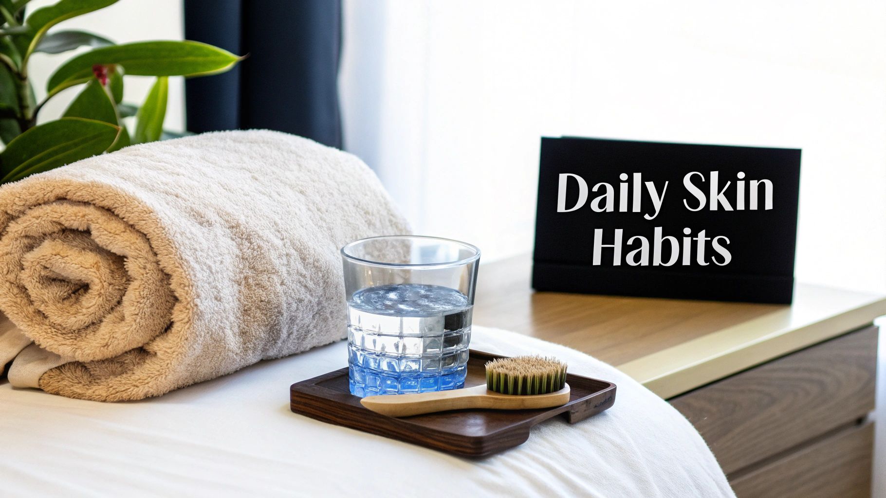 A woman performing dry brushing on her leg in a bright, modern bathroom setting.