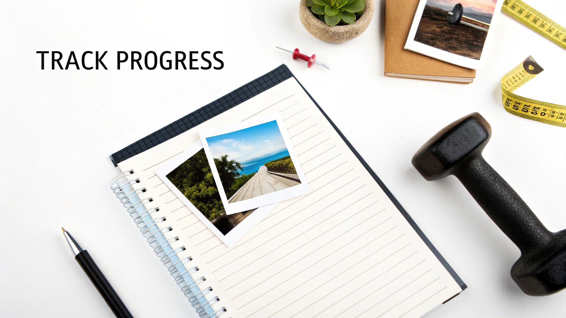 Fitness progress tracking journal with photos, measuring tape, dumbbell, and motivational planning notebook on desk