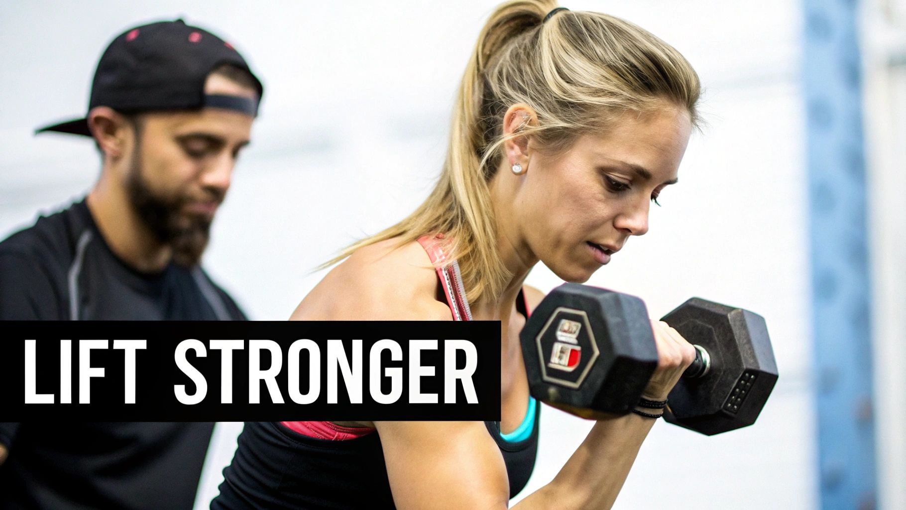 A focused woman with blonde hair lifts a dumbbell, with a man in a cap behind her in a gym.