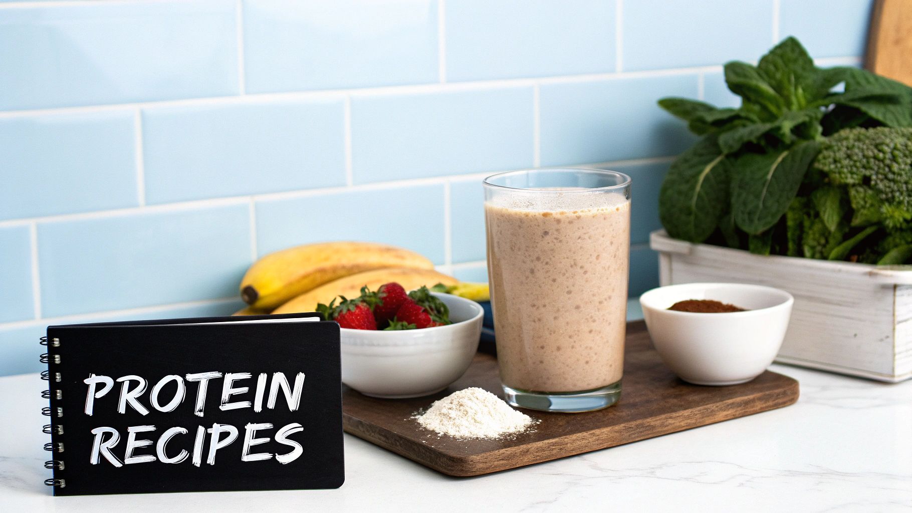 A protein shake, protein powder, fruits, and vegetables on a counter with a 'Protein Recipes' book.