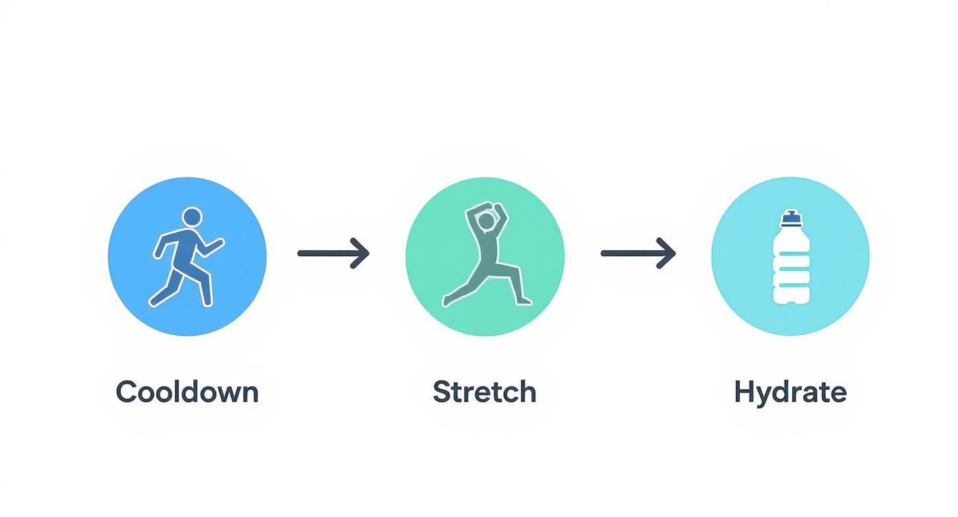 Three-step post-workout recovery process showing cooldown walking, stretching exercises, and hydration with water bottle