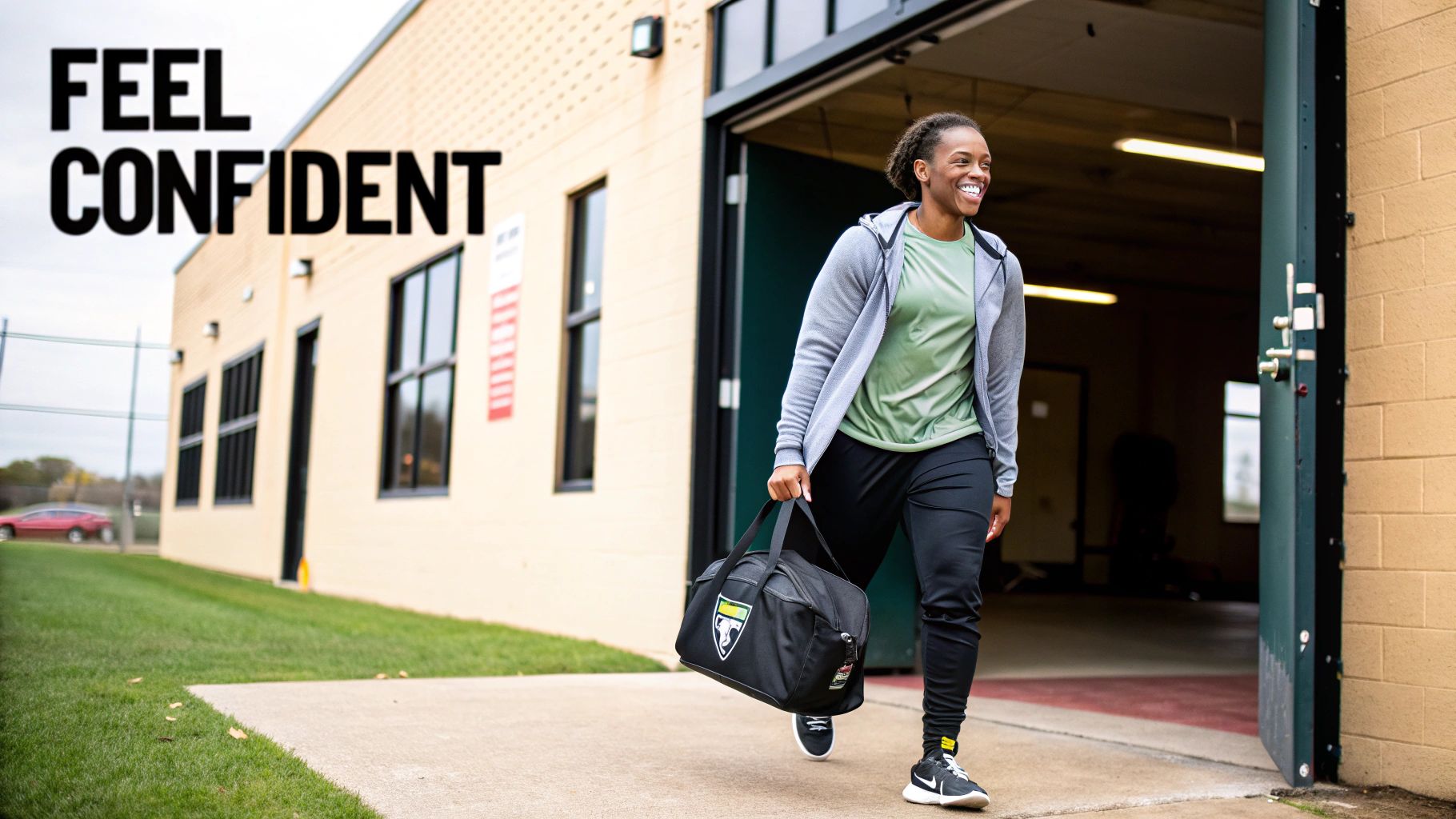 A woman in workout clothes feeling confident in a gym setting.