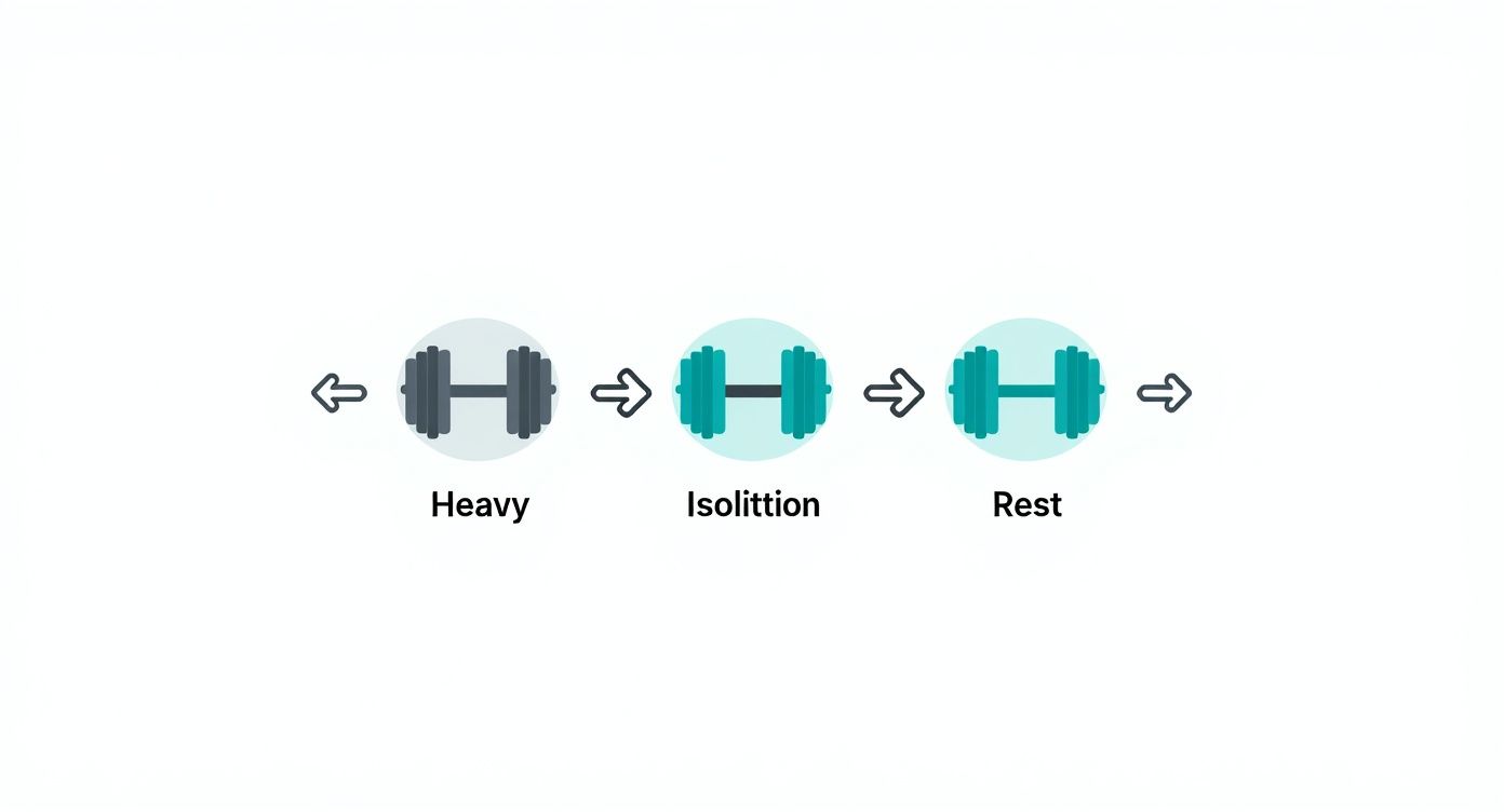 Infographic visualizing a weekly training process flow, showing steps for heavy training with a barbell icon, isolation work with a dumbbell icon, and rest with a 'zzz' icon.