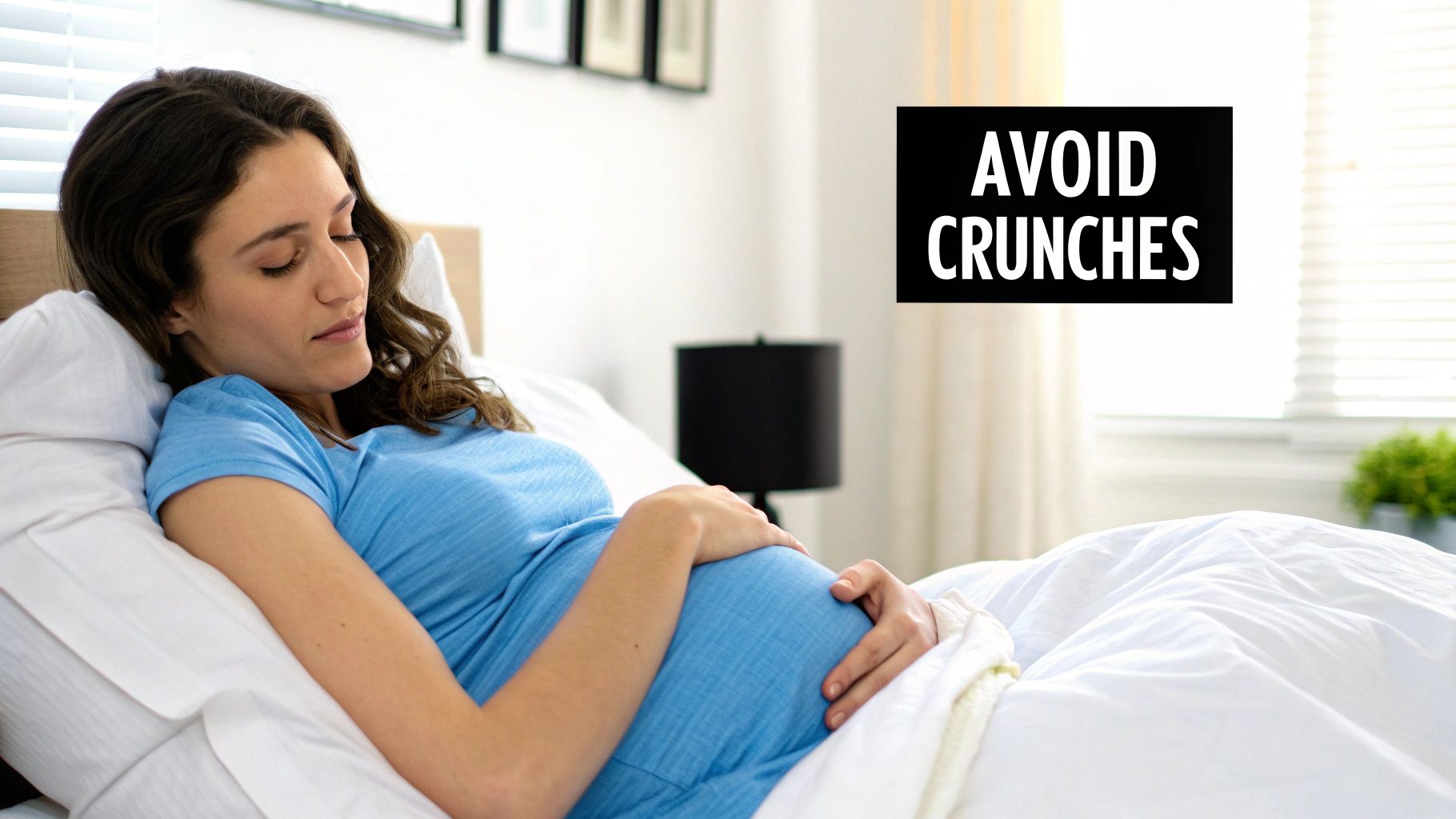 A woman holding her hands over her stomach, looking concerned.