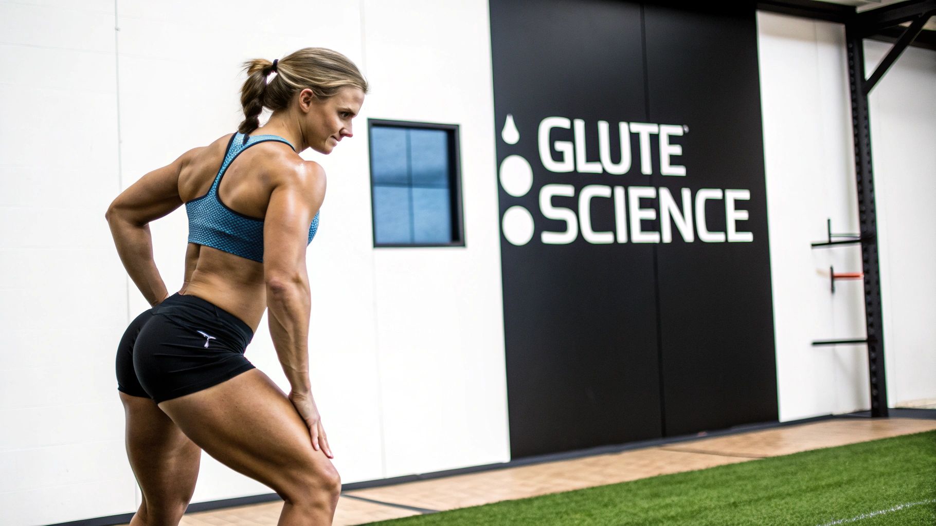 A woman performing a weighted hip thrust exercise in a gym, focusing on glute engagement.