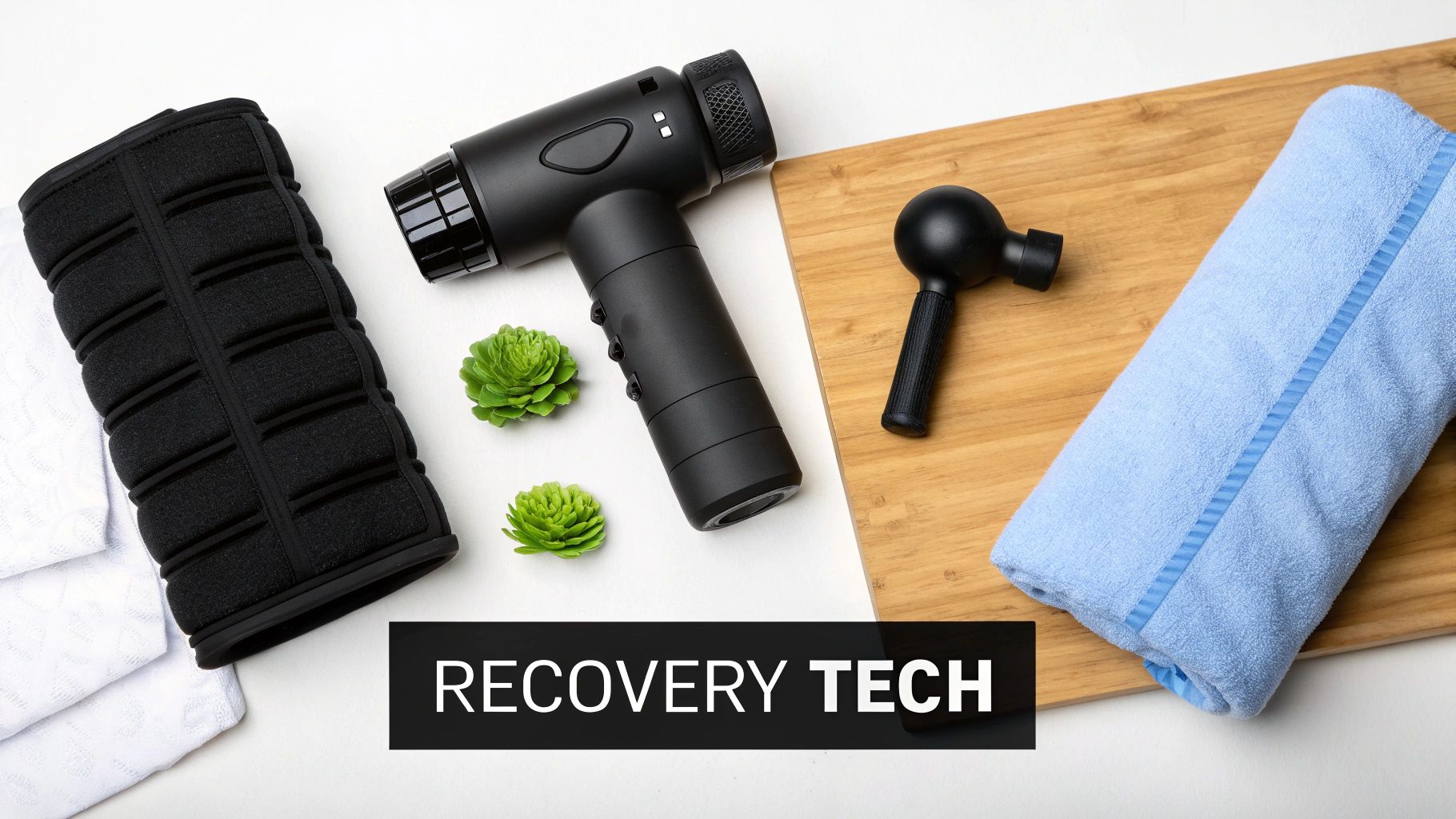 Flat lay of muscle recovery equipment including massage guns, foam roller, and blue towel on wooden board