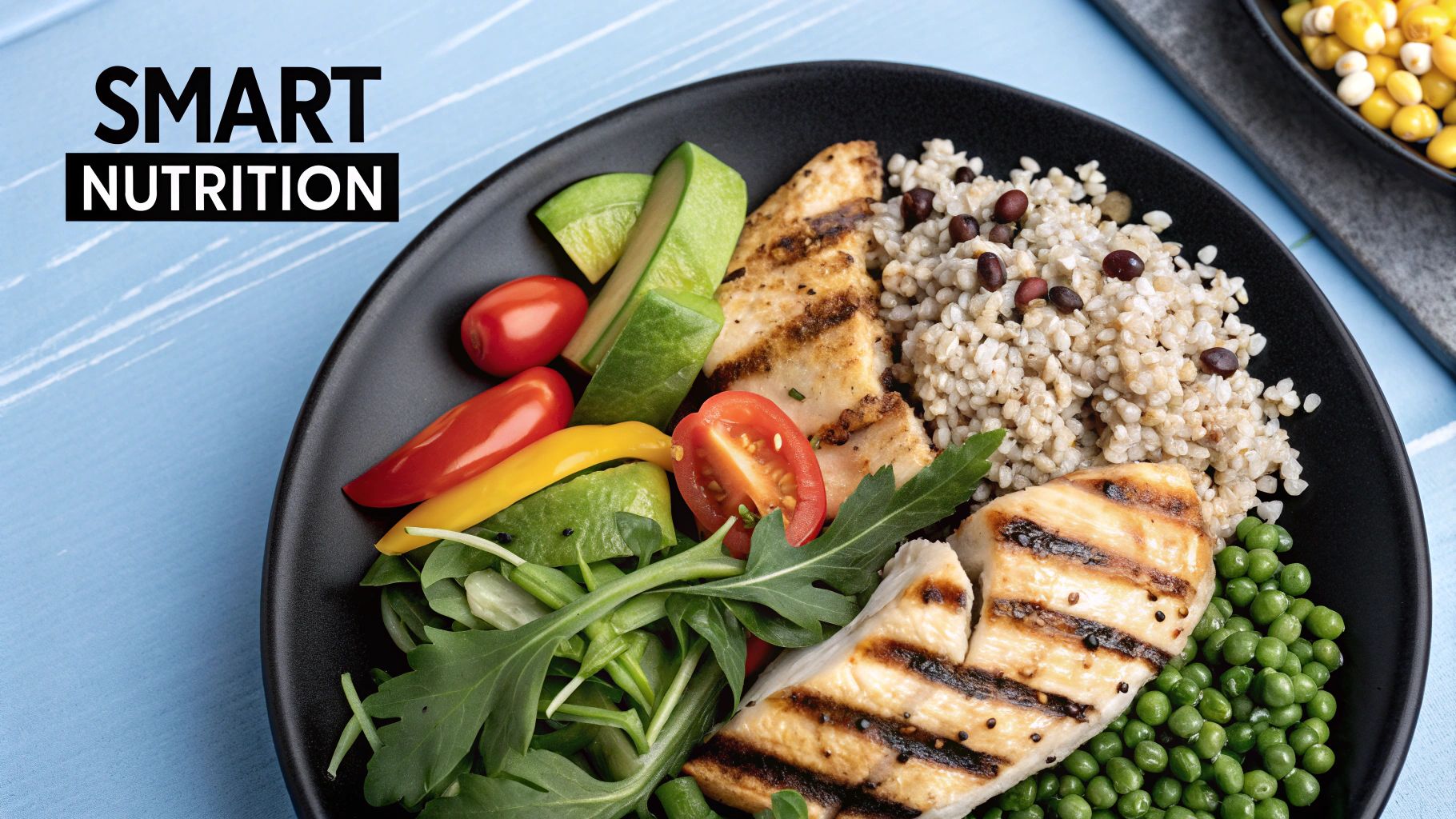 A healthy meal with salmon, avocado, and vegetables