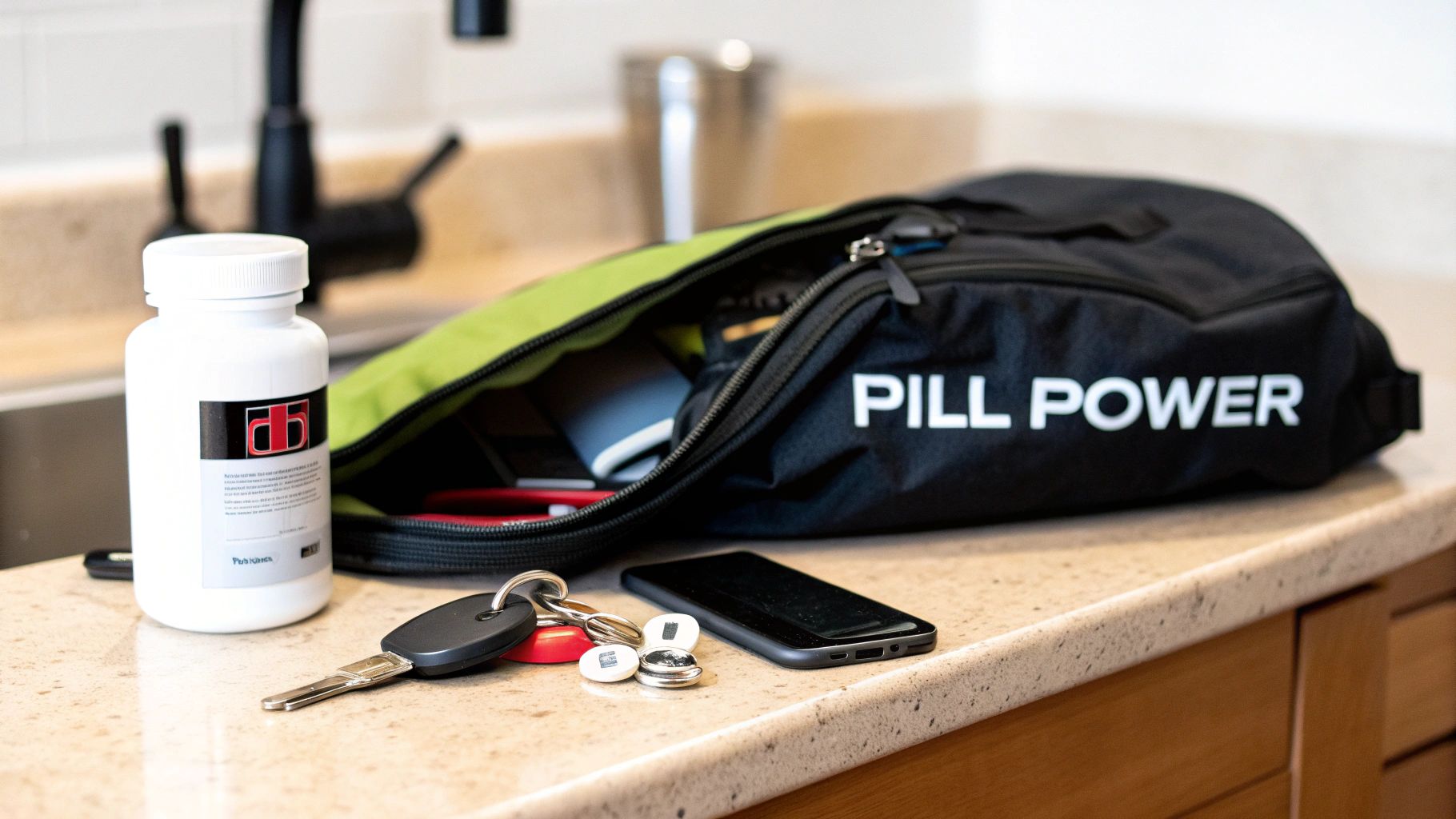 Gym bag with pill power label, supplement bottle, keys, and smartphone on kitchen counter