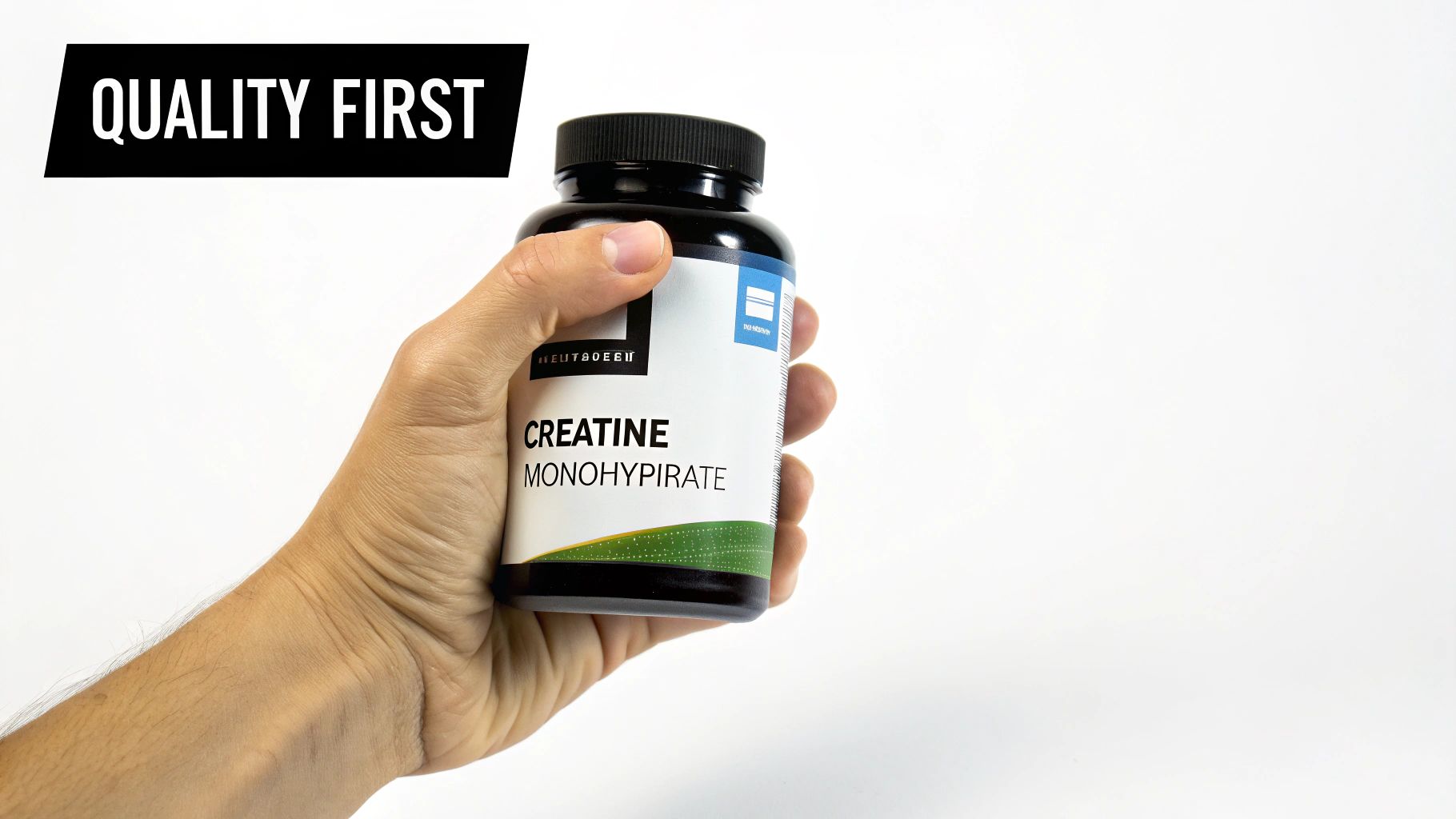 Hand holding Creatine Monohydrate supplement bottle with Quality First label on white background