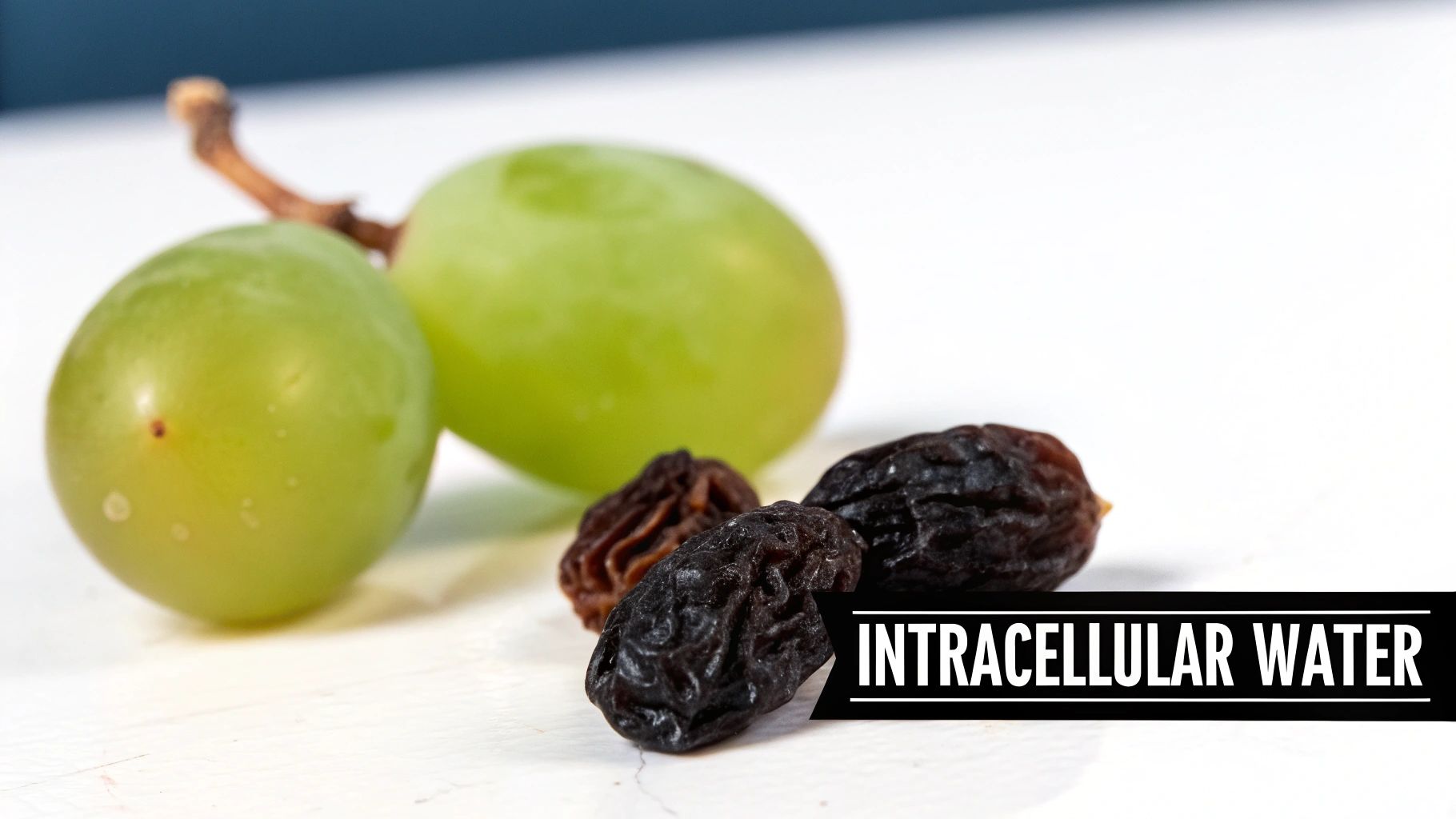 Fresh green grapes and dried raisins showing intracellular water content difference comparison
