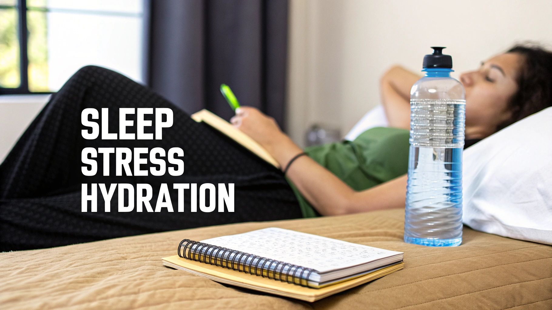 A calm and hydrated new mother relaxing near a window